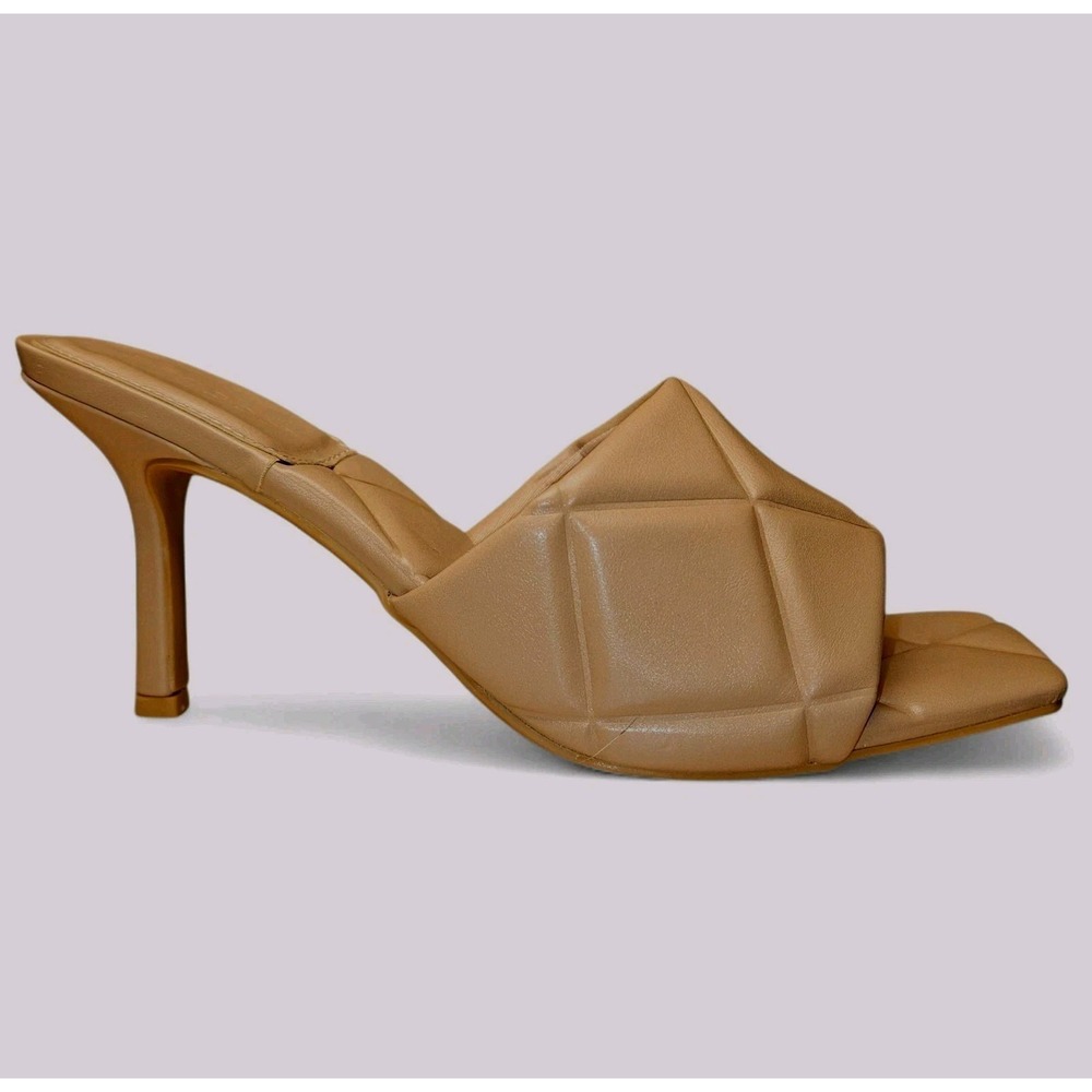 Quilted Mule Heels 8.5 Square Toe Slide Sandals Beige Tan Padded Bamboo 3.5" New